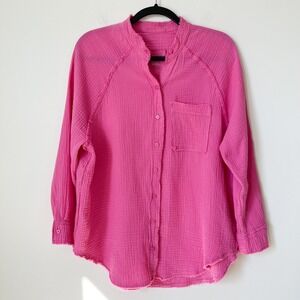 Aerie Pool to Party Cover Up Cotton Gauze Oversize Button Up Shirt Pink XXS